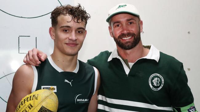 Cody Walker with his father and Echuca coach Andrew Walker when he made his senior debut last year. Picture Yuri Kouzmin