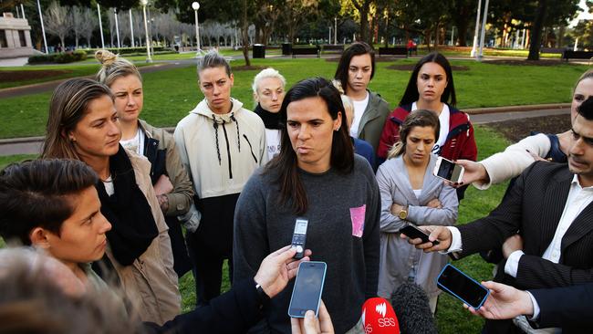 Lydia Williams of the Matildas speaking to the media at Hyde Park in Sydney after discussions between the PFA and the FFA over their pay dispute. Picture: Brett Costello