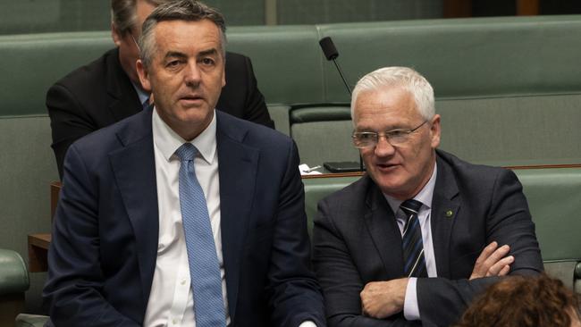 Victorian Nationals Damian Drum, right, and Darren Chester in parliament. Picture: NCA NewsWire/Martin Ollman