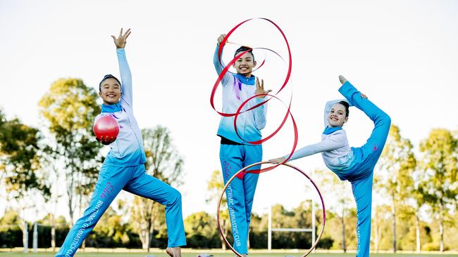 Gold Coast gymnastics Mako Inukai, Sunny Bower and Eryn Hook. Picture: Jerad Williams