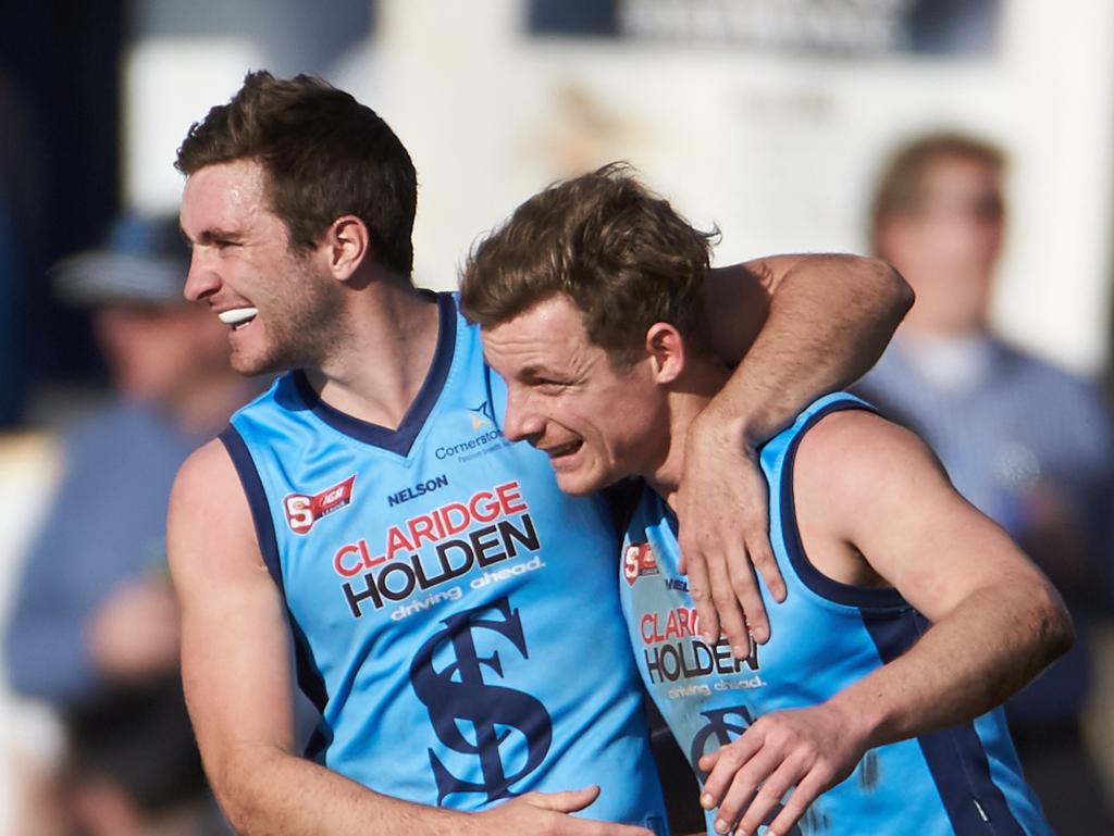 21/8/16 Sturt's John Greenslade congratulating Ben Hansen on his goal at Unley Oval. Picture: MATT LOXTON