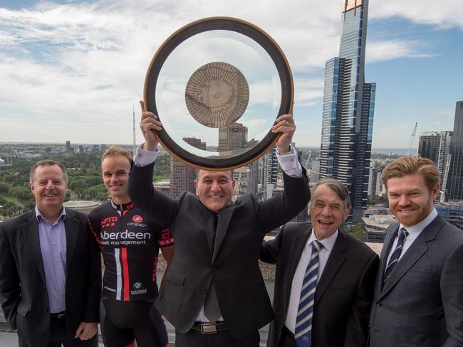 Jayco Herald Sun Tour chairman Tom Salom and race director John Trevorrow with others at the announcement of the Jayco Herald Sun Tour. Photo: Jay Town.