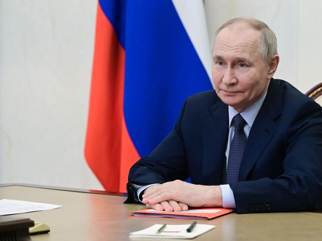 Russian President Vladimir Putin chairing a Security Council meeting via videoconference at the Kremlin. Picture: AFP