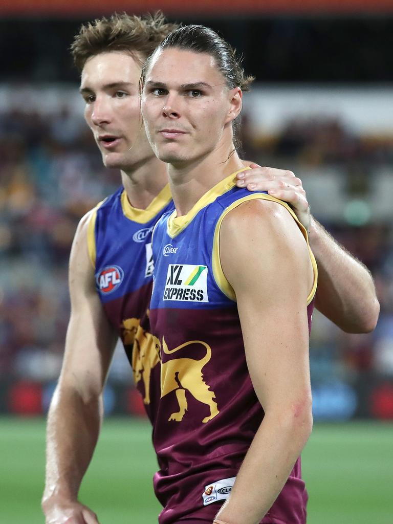 Premiership players Harris Andrews (left) and Eric Hipwood are two of the great success stories of the Lions Academy. (Photo by Jono Searle/AFL Photos/via Getty Images)