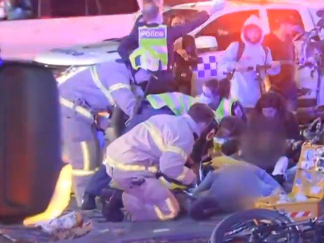 Screen grabs from Seven News. Police are investigating the circumstances surrounding a serious crash which occurred in Southbank this evening., Investigators have been told a truck left the road near the intersection of City Road and Power Street about 7pm and collided with a traffic light and a group of pedestrians., The truck, possibly a tanker, then left the scene via Power Street. Picture: Seven News