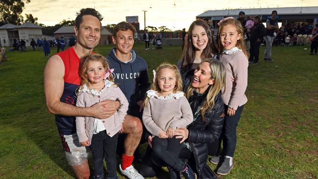 Gavin Wanganeen with wife Pippa, and kids Posey, 3, Tex, 15, Lulu, 4, Mia, 19, and Kitty, 5, after his footy comeback for Moonta against Wallaroo. Picture: Tom Huntley