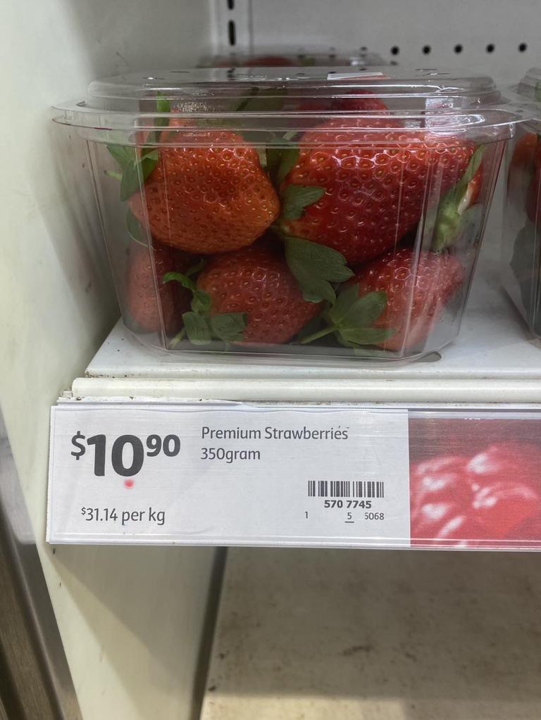 The 350g punnet of strawberries costs $10.90 at Coles – but is priced at $6.50 in Woolworths. Picture: news.com.au