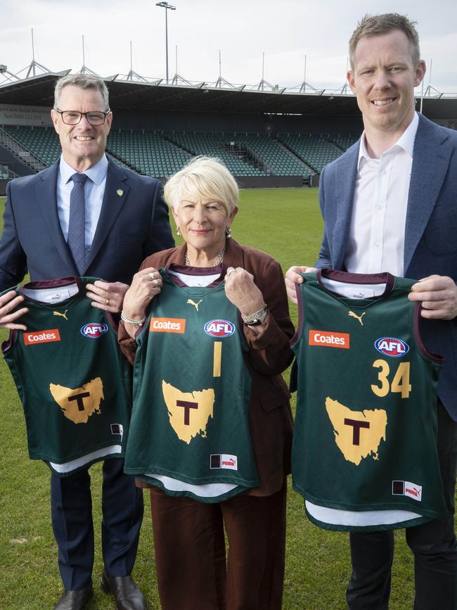 TFC AFL Club Inaugural Board of Directors, (Club Ambassador) Julie Kay, Chair Grant O'Brien and (Club Ambassador) Jack Riewoldt. Picture: Chris Kidd