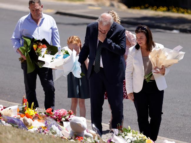 Prime Minister Scott Morrison and wife Jenny, who lay flowers at the memorial. Picture: NCA NewsWire / Grant Viney