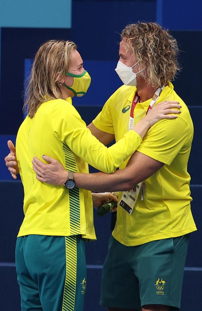 Ariarne Titmus with her coach Dean Boxall after winning gold in the women's 200m freestyle final in Tokyo. Picture: Getty Images