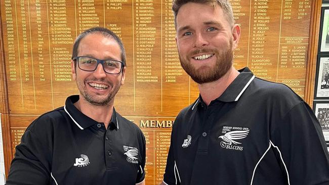 Payneham Norwood Union 2022 recruit Brad McKenzie (right) with Falcons coach Jeremy Cini. Picture: Payneham Norwood Union Football Club