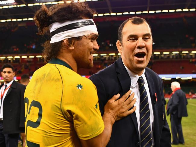 Karmichael Hunt shares a joke with Michael Cheika last November. Picture: Getty Images