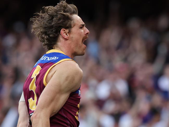 Lions champion Joe Daniher celebrates a late goal. Picture: David Caird