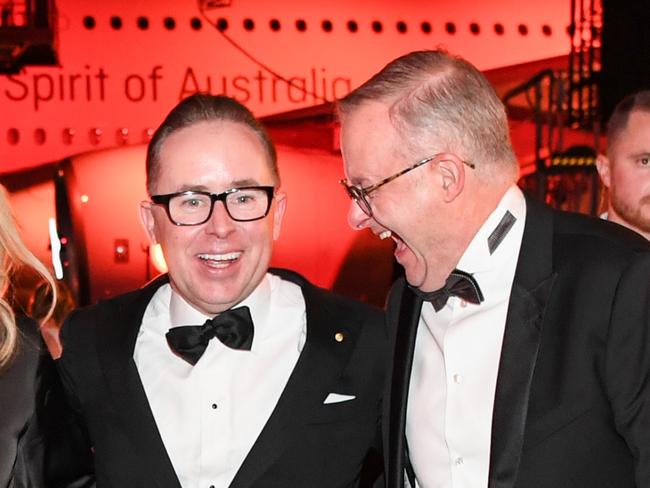 SYDNEY, AUSTRALIA - MARCH 31: (L-R) Jodie Haydon, Alan Joyce and Anthony Albanese at the Qantas 100th Gala Dinner at hangar 96 at Sydney's International Airport on March 31, 2023 in Sydney, Australia. (Photo by James D. Morgan/Getty Images)