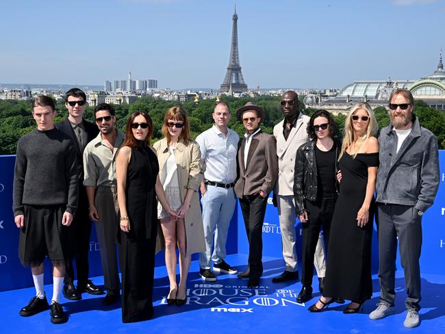 Ewan Mitchell, Matthew Needham, Fabien Frankel, Olivia Cooke, Phia Saban, Ryan Condal, Tom Glynn-Carney, Steve Toussaint, Harry Collett, Eve Best and Rhys Ifans at the House Of The Dragon Paris photocall this month. Picture: Kristy Sparow/Getty Images