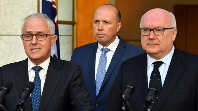 Prime Minister Malcolm Turnbull, Minister for Immigration Peter Dutton and Attorney-General George Brandis announce a new home affairs department at a press conference at Parliament House in Canberra. Picture: AAP Image/Mick Tsikas