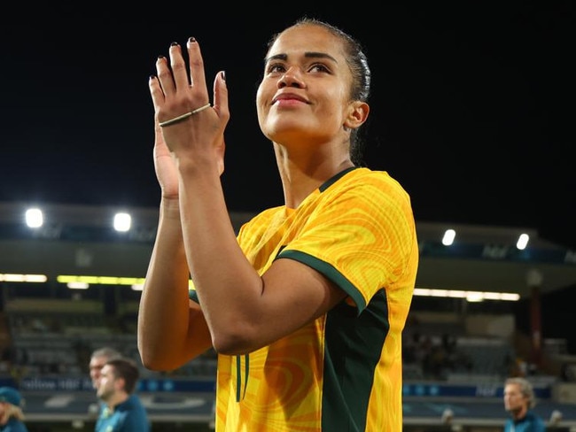 PERTH, AUSTRALIA - NOVEMBER 01: Mary Fowler of the Matildas acknowledges the crowd after the win during the AFC Women's Asian Olympic Qualifier match between Australia Matildas and Chinese Taipei at HBF Park on November 01, 2023 in Perth, Australia. (Photo by James Worsfold/Getty Images)