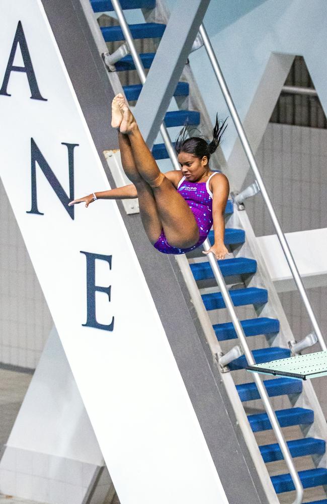 Queenslander Teesha Manage at the 2021 Australian Age Diving Championships at Brisbane Aquatic Centre in Chandler. Diving Australia says the tower no longer meets international standards. Picture: Richard Walker