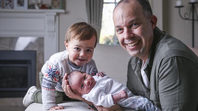 Zarko Milicevic with son Leo, 20 months, and two-week-old daughter Millie. Picture: Wayne Taylor