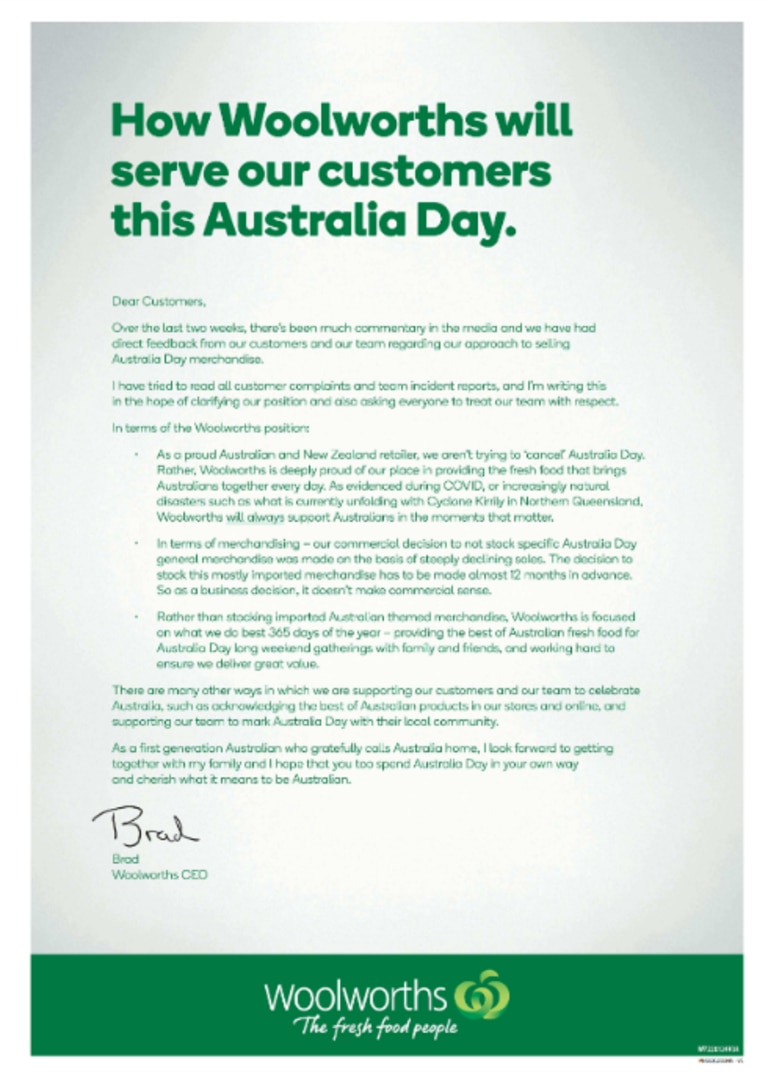 Woolies Australia Day merch Woolworths chief executive Brad Banducci
