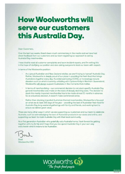 Woolworths issued a full-page ad after revealing it would not be selling Australia Day merchandise.