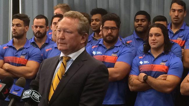Andrew Forrest is flanked by Western Force players after losing their court appeal.
