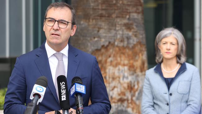 Premier Steven Marshall with SA chief public health officer, Professor Nicola Spurrier speak to the media about the Port Adelaide families’ travel exemption scandal. Picture: Russell Millard