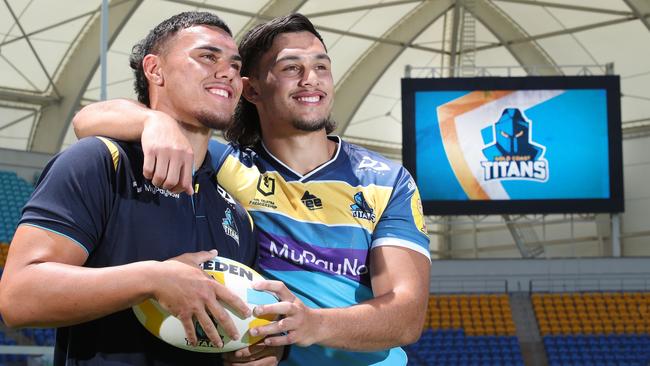 Titans unveiling big new brand refresh to coincide with launch of club's new 10-year plan. Tino Fa'asuamaleaui (right) and younger brother Isaac Fa'asuamaleaui at CBUS Stadium. Picture Glenn Hampson