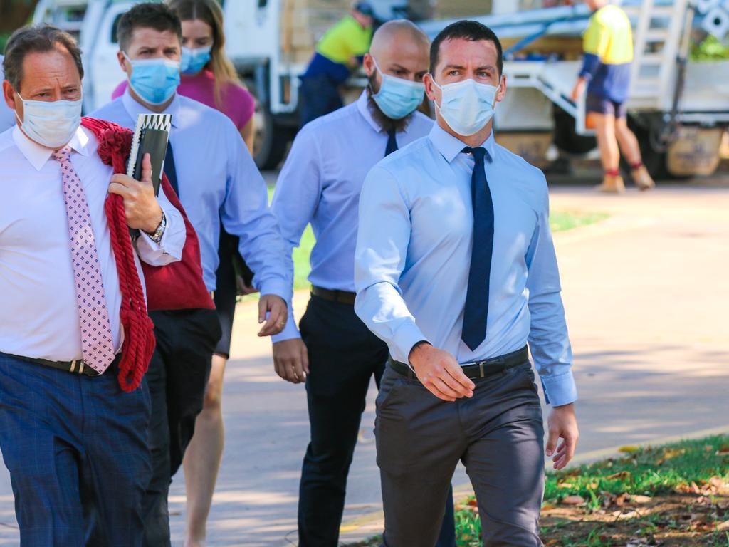 Zach Rolfe arrives at the Supreme Court in Darwin with his legal team on Monday. Picture: Glenn Campbell