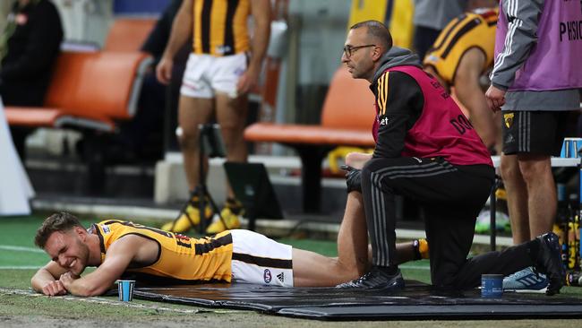 Treatment wasn’t enough to get Jack Scrimshaw back on the ground. Picture: Getty Images