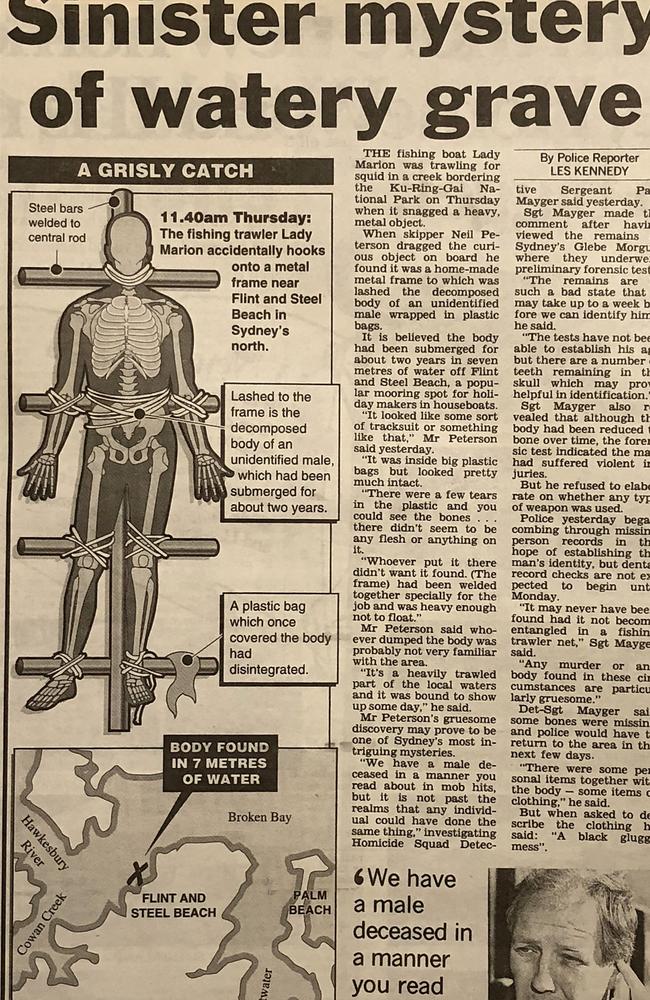 How the discovery of a body lashed to a homemade crucifix in the Hawkesbury River was reported in the press in 1994. Picture: Supplied