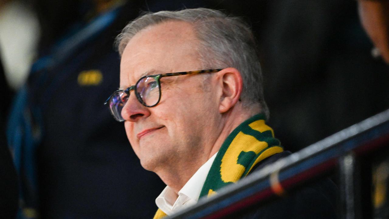 Australia's Prime Minister Anthony Albanese is seen in the stands at the semi-final match between Australia and England at Stadium Australia in Sydney. Picture: AFP