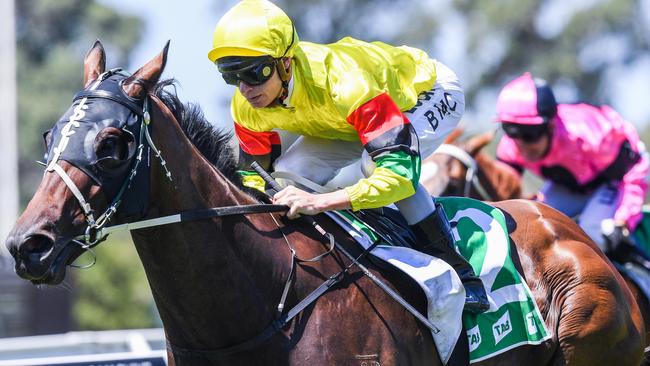 Jockey Blaike McDougall rides Akasaki to victory in race 3, the TAB Handicap, during Warwick Farm Race Day at Warwick Farm Racecourse, Sydney, Wednesday, January 17, 2018. (AAP Image/Brendan Esposito) NO ARCHIVING, EDITORIAL USE ONLY