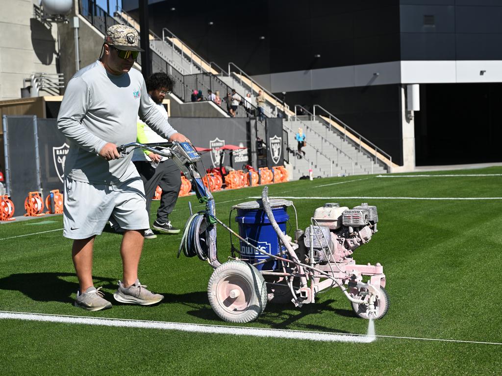 Lines being marked for the NRL's season opener in Las Vegas. NRL Imagery