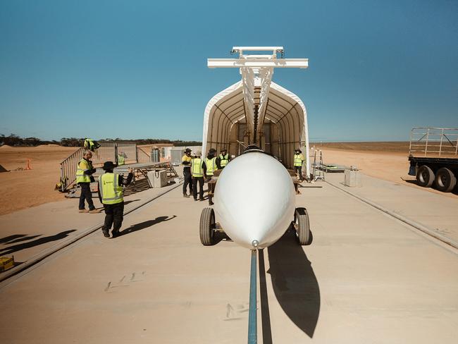 The Hylmpulse SR7 rocket at the launch site at Koonibba.