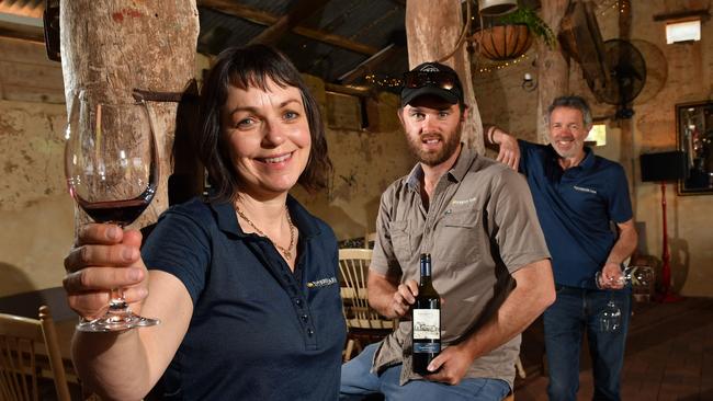 Cheryl, Nick and David Hunt in their cellar door at Ivybrook Farm. Picture: AAP/Keryn Stevens