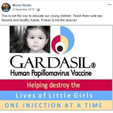 Facebook post made by Mona Hecke regarding the Gardasil HPV vaccine.