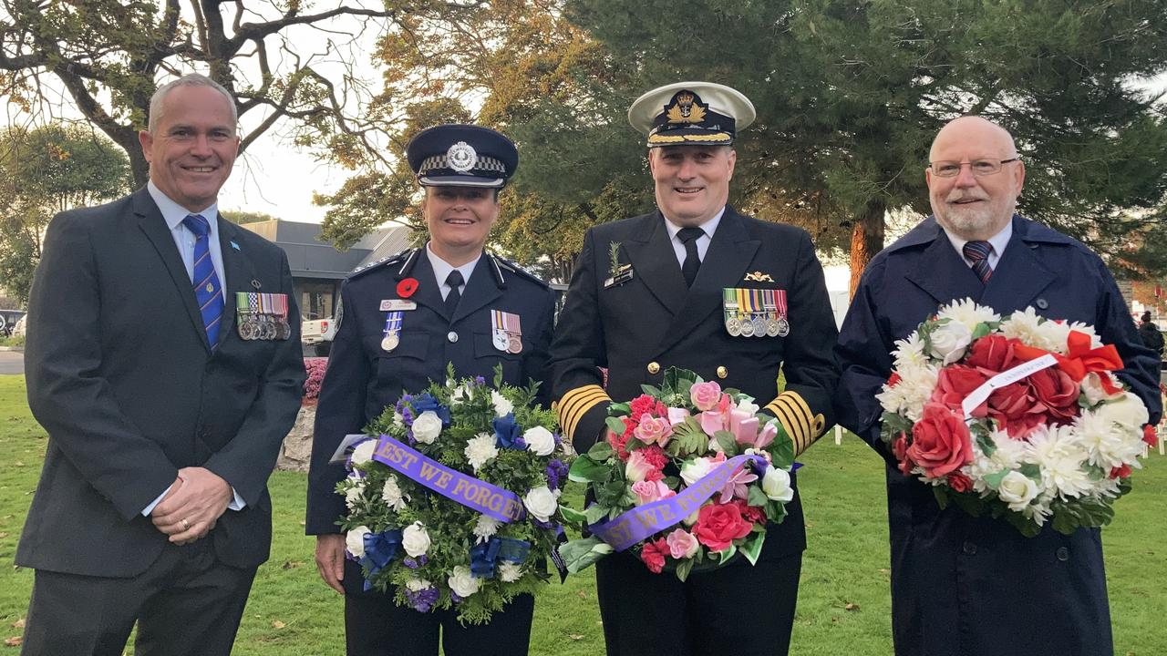 Mount Gambier Anzac Day 2022. Jason Conway, Inspector Karmen Conway, Captain John Sammons and Mount Gambier RSL President Bob Sandow. Picture: Arj Ganesan