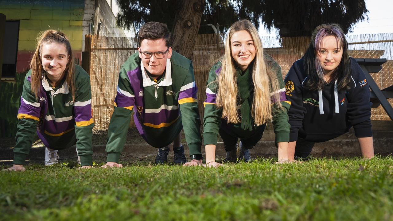 Ready for the National Push-Up Challenge are (from left) Centenary Heights State High School students Kya Daley, Harrison King, Liberty Anstiss and Toowoomba Flexi School student Ash Hoghes at the Toowoomba launch to fundraise for Lifeline Darling Downs and South West Queensland. Picture: Kevin Farmer