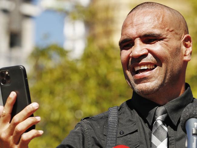 DAILY TELEGRAPH - 24/3/21Anthony Mundine says thank you for all the support he has received from the public and the media during his career, and discuss his future at an open news conference at the Cruise Bar, Overseas Passenger Terminal, Circular Quay West, Sydney. Anthony gets a call from Kelly Slater. Picture: Sam Ruttyn