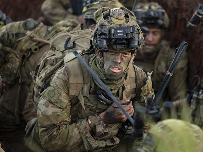 Australian Army officer Lieutenant D'Urso from 1st Battalion RAR during an assault on a main defensive position on Exercise Talisman Sabre 2023. Picture: LCPL Riley Blennerhassett