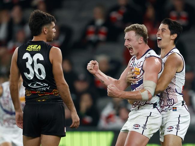 MELBOURNE, AUSTRALIA - MAY 18: Josh Treacy (left) and Bailey Banfield of the Dockers celebrate during the 2024 AFL Round 10 match between Euro-Yroke (St Kilda) and Walyalup (Fremantle) at Marvel Stadium on May 18, 2024 in Melbourne, Australia. (Photo by Michael Willson/AFL Photos via Getty Images)