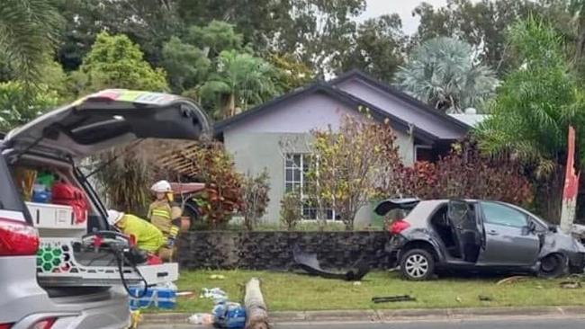 Three tenagers allegedly lost control of a stolen car and crashed into a tree at Edmonton. Picture: Cairns, Crimes and Alerts Facebook page