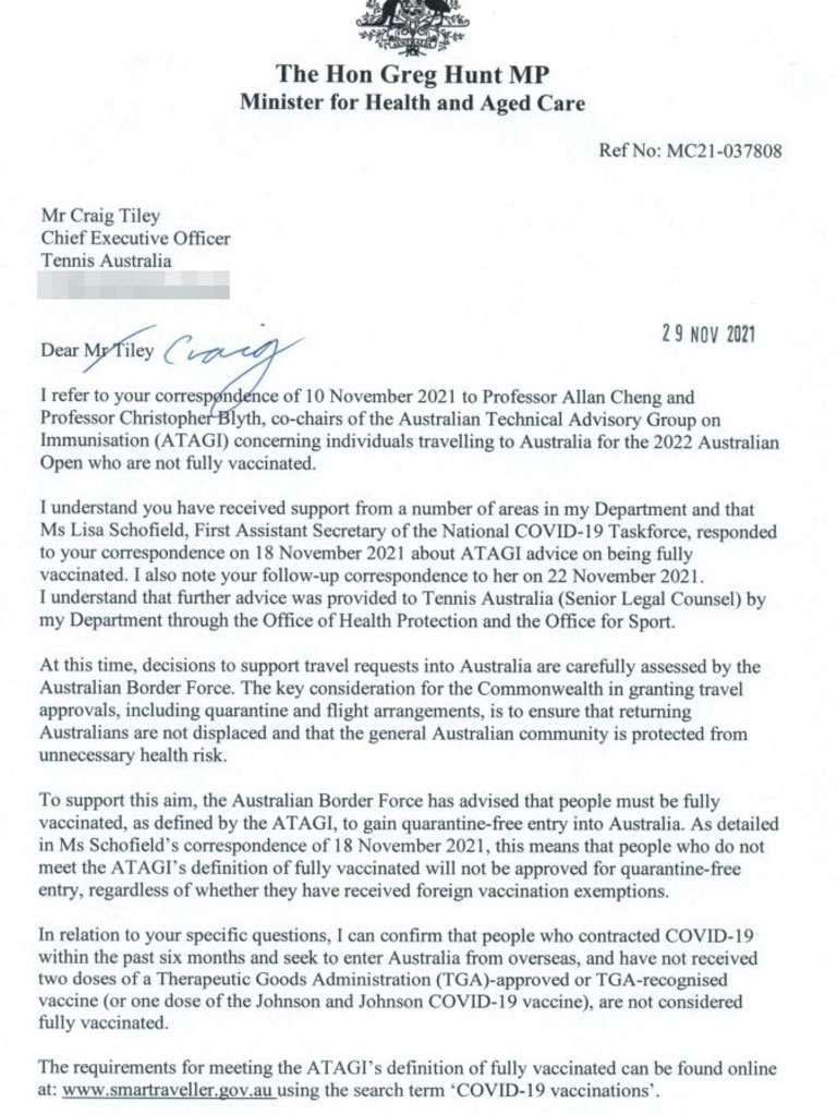 The start of the letter from Greg Hunt.