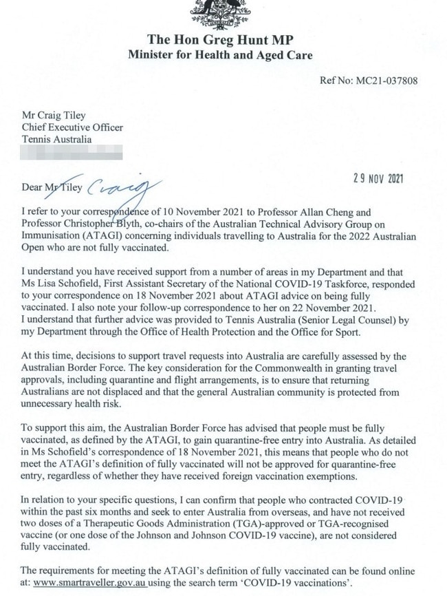 The start of the letter from Greg Hunt.