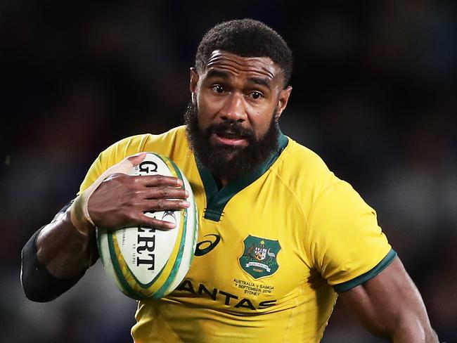 SYDNEY, AUSTRALIA - SEPTEMBER 07: Â Marika Koroibete of the Wallabies makes a break during the International Test match between the Australian Wallabies and Manu Samoa at Bankwest Stadium on September 07, 2019 in Sydney, Australia. (Photo by Matt King/Getty Images)