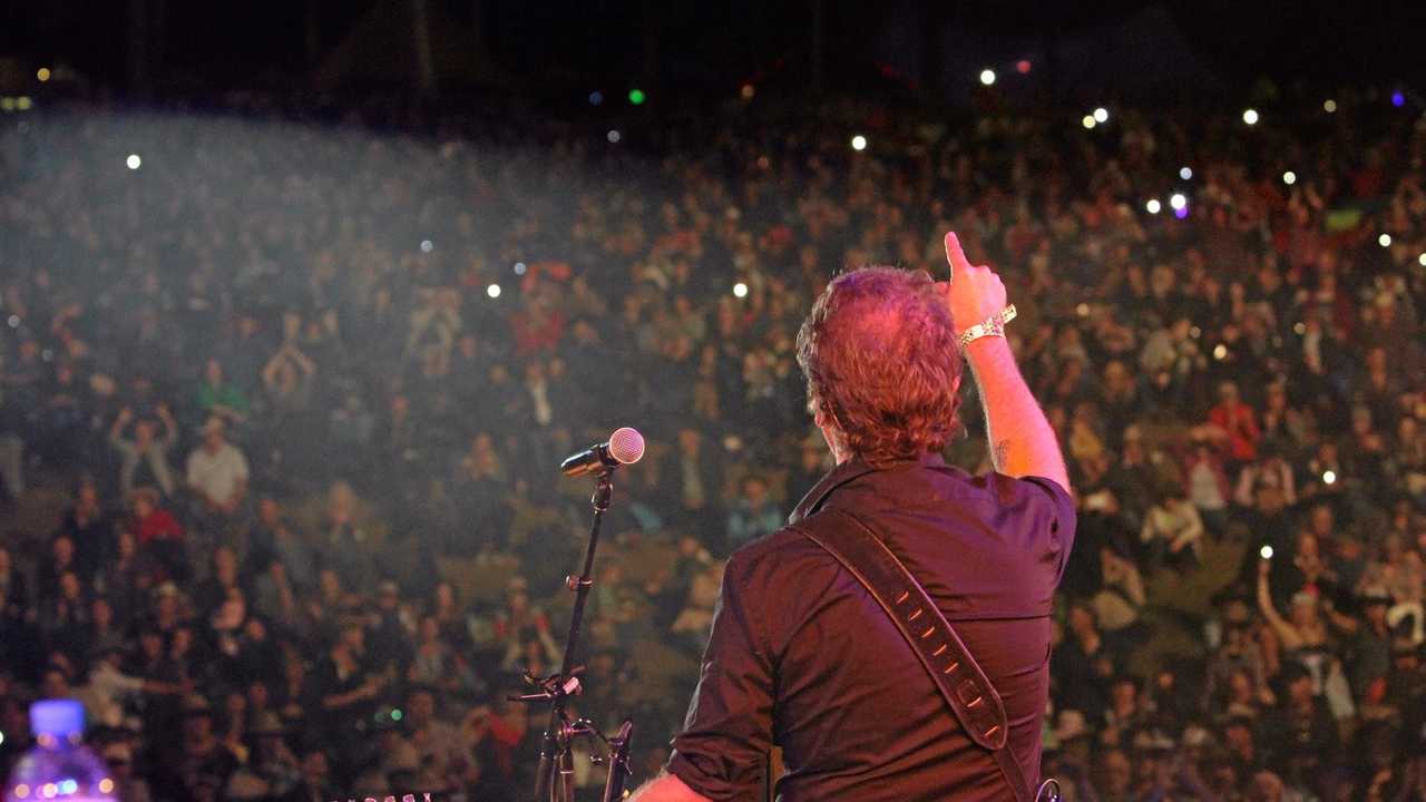 Troy Cassar-Daley had all the lights on the hill in his tribute to Slim Dusty at the 2015 Gympie music muster Photo Jason Dougherty / Gympie Times. Picture: Jason Dougherty