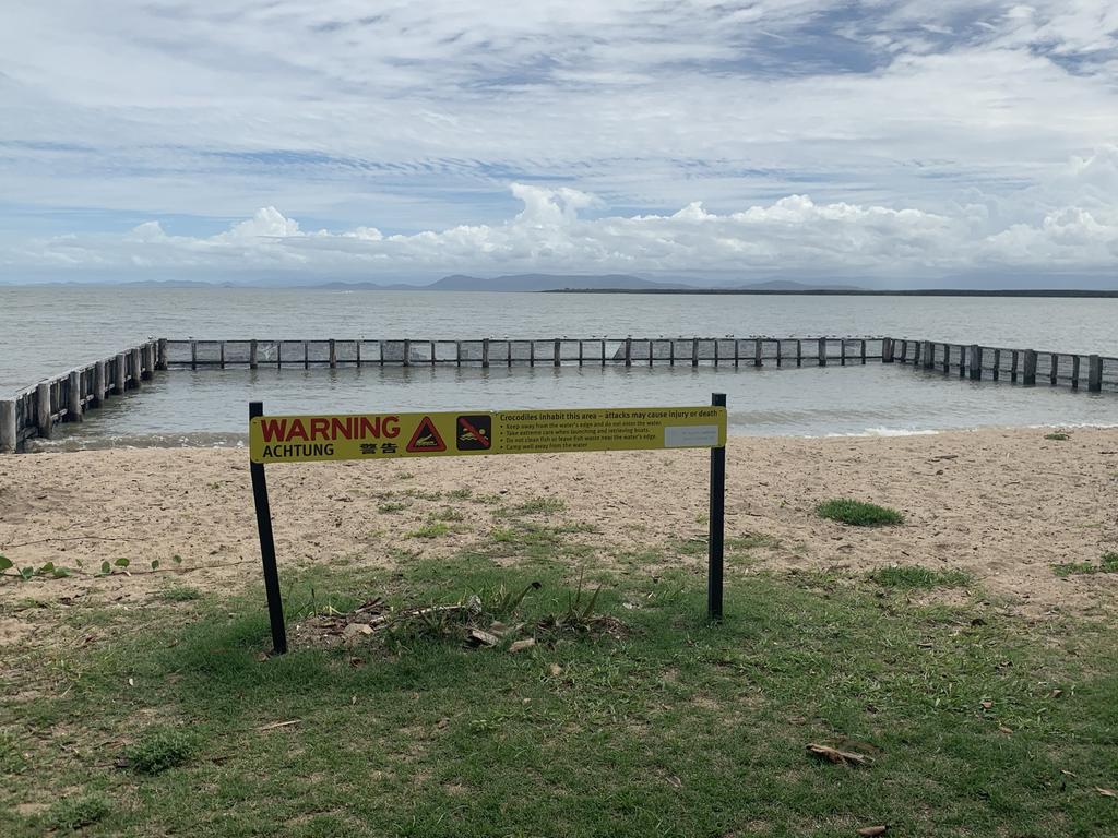 Crocodile warning sign at the Wilson's Beach swimming enclosure in the Whitsundays. Picture: Rae Wilson