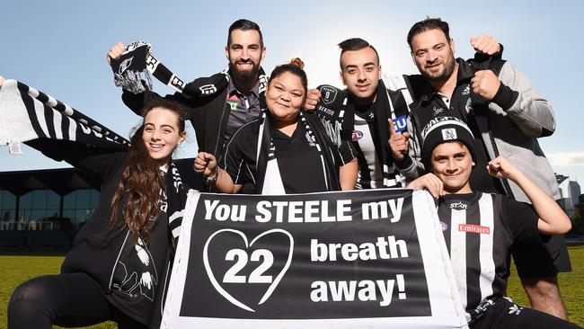 Collingwood fans Sedra Taleb, 13, Ismail Arakji, Kristine Coulson, Mitchell Taleb, Zane Taleb and Karl Souki at the Holden Centre. Picture: Lawrence Pinder