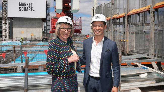 Lord Mayor Jane Lomax-Smith with ICD Property’s Matt Khoo at the Market Square construction site. Picture: Dean Martin